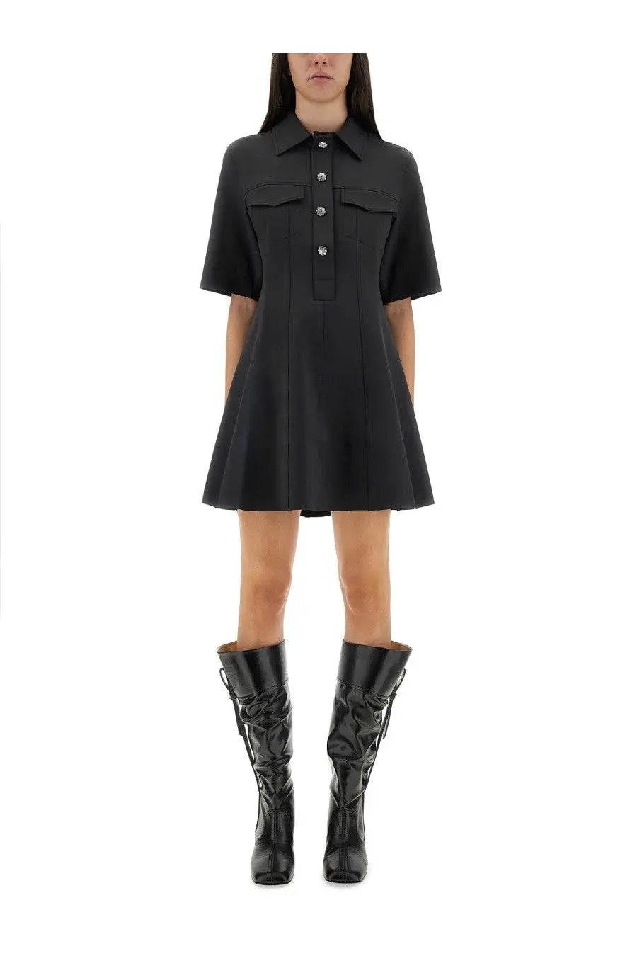 Black short-sleeved button-up dress with two front pockets and flared skirt from ganni womens mini dress grey collection
