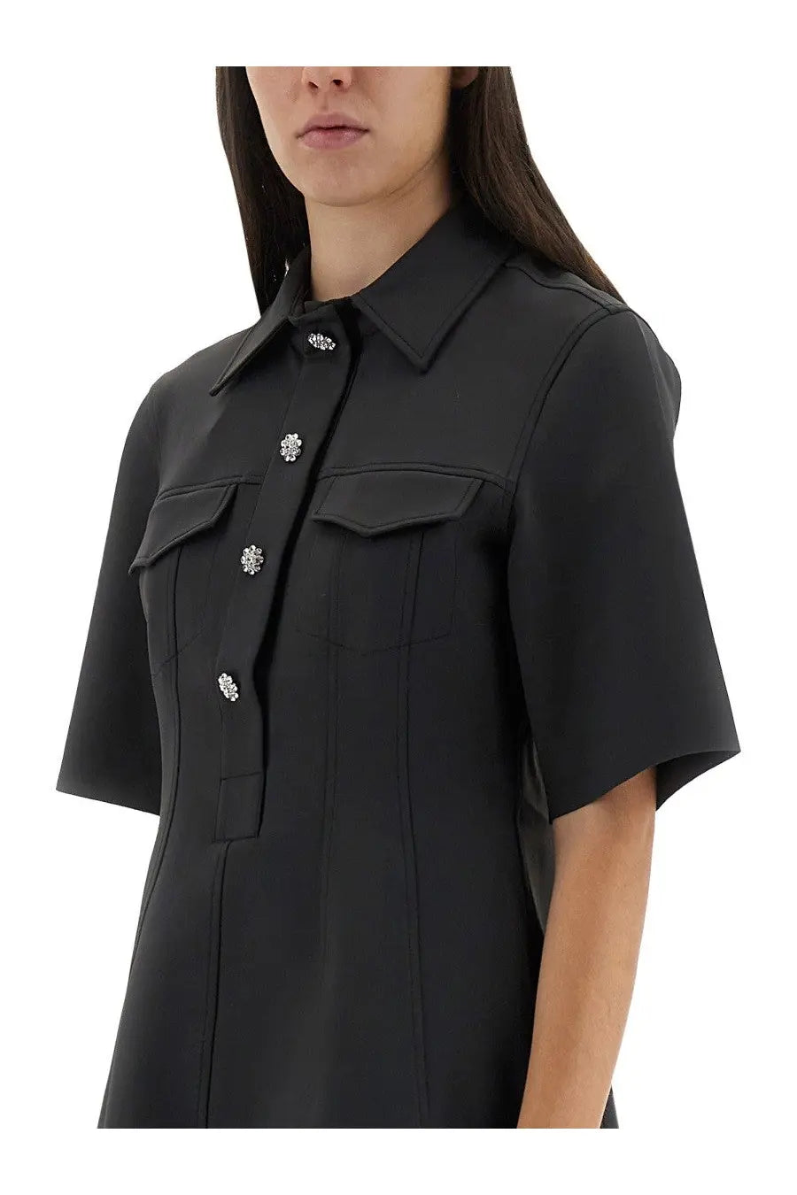 Ganni women’s grey mini dress in black with short sleeves and decorative floral buttons front view