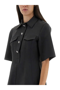 Ganni women’s grey mini dress in black with short sleeves and decorative floral buttons front view