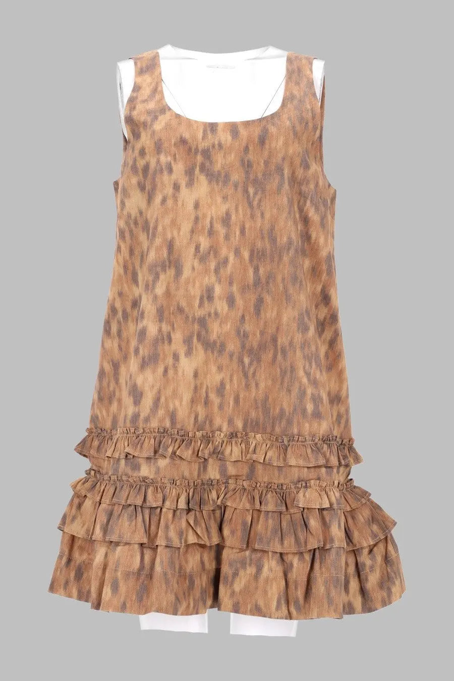 Ganni women’s miniabito sleeveless tan and brown leopard print cotton dress with tiered ruffled hemline