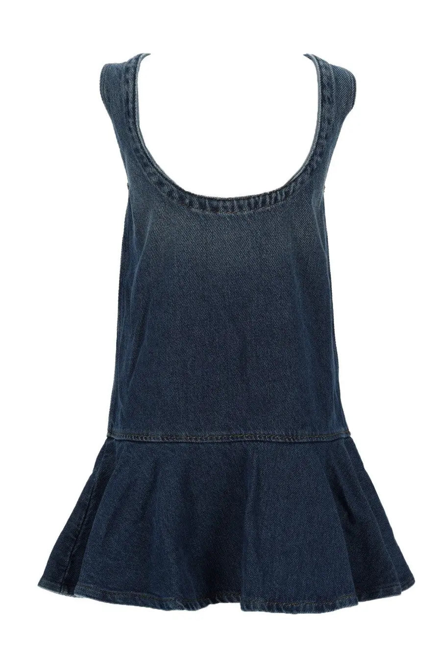 Ganni women’s miniabito sleeveless dark blue denim dress with flared skirt and rounded neckline