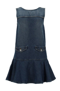 Ganni women’s miniabito navy blue denim sleeveless dress with flared skirt and two front pockets