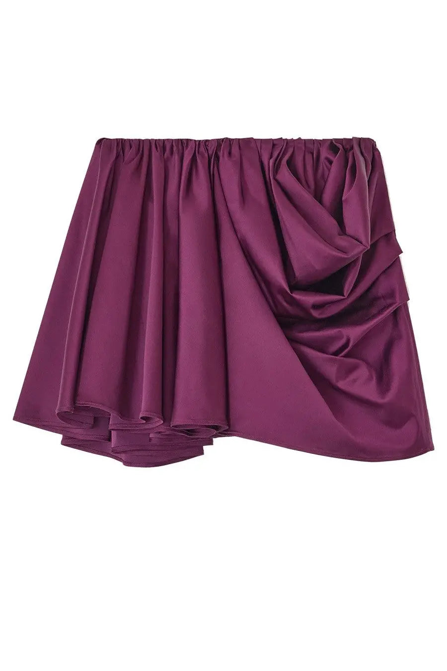 Ganni women’s asymmetrical purple satin mini skirt with gathered waistband and layered ruffles