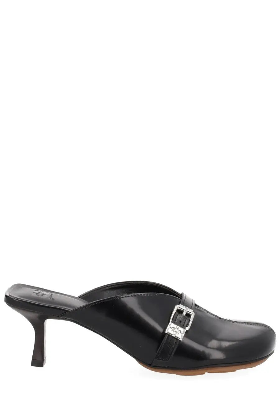 Ganni women’s black patent leather mule shoe with silver buckle and low heel shown from the back side