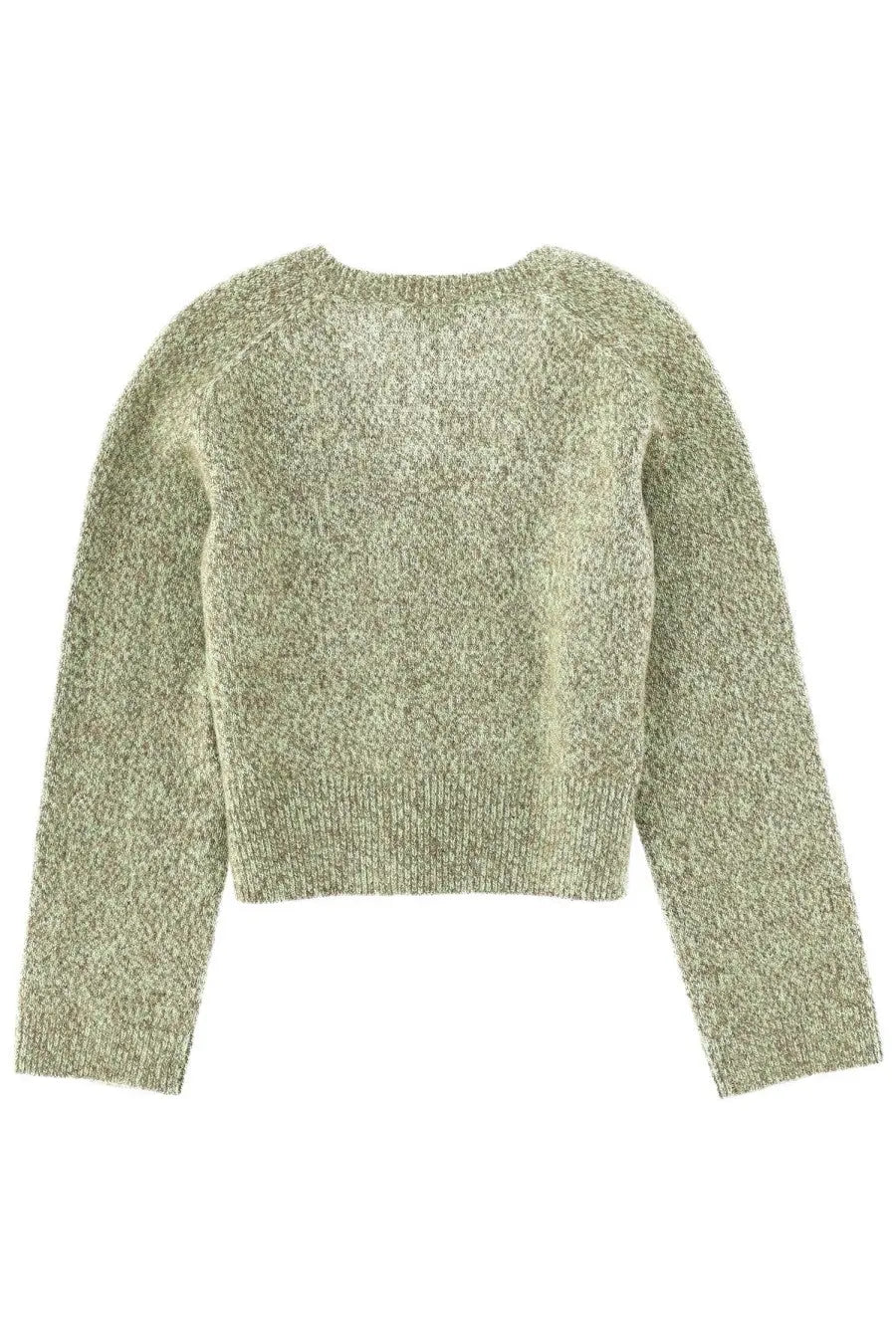 Ganni women’s neck sweater in soft olive green knit with textured heathered fabric and ribbed cuffs