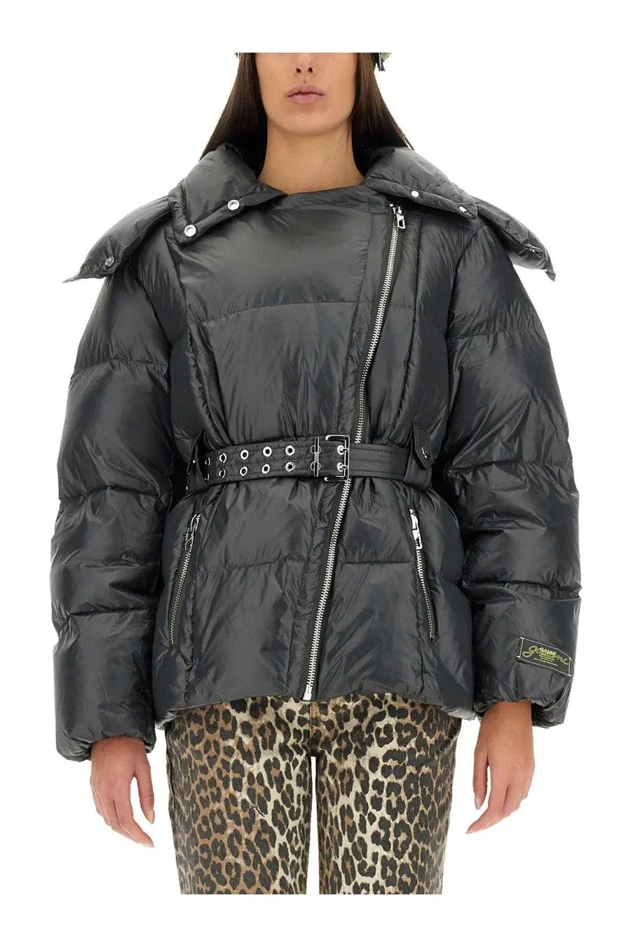 Ganni women’s black nylon puffer jacket with hood silver zippers and belt with circular metal eyelets