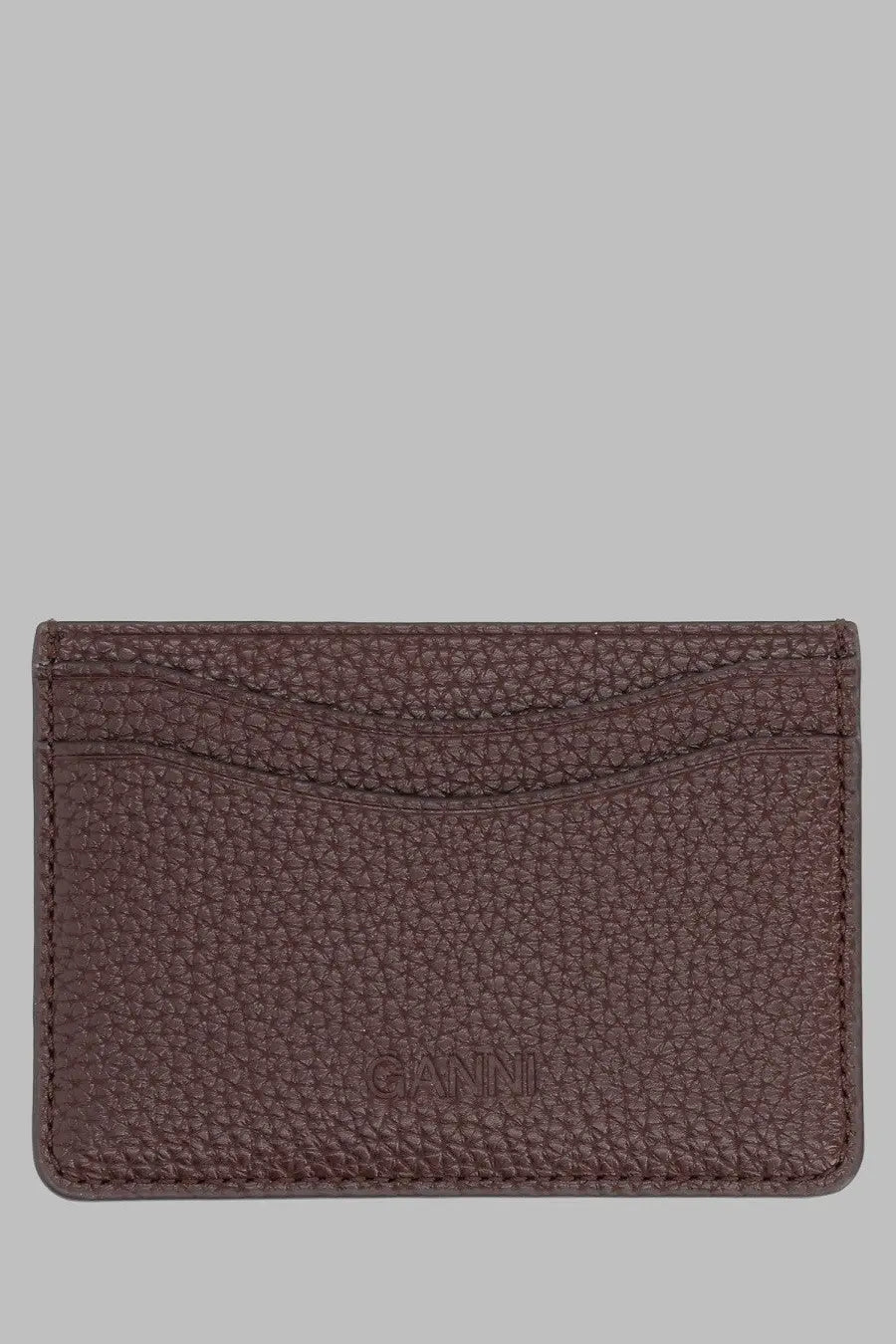 Brown pebbled leather card holder with embossed ganni logo from ganni womens portacarte bou brown collection