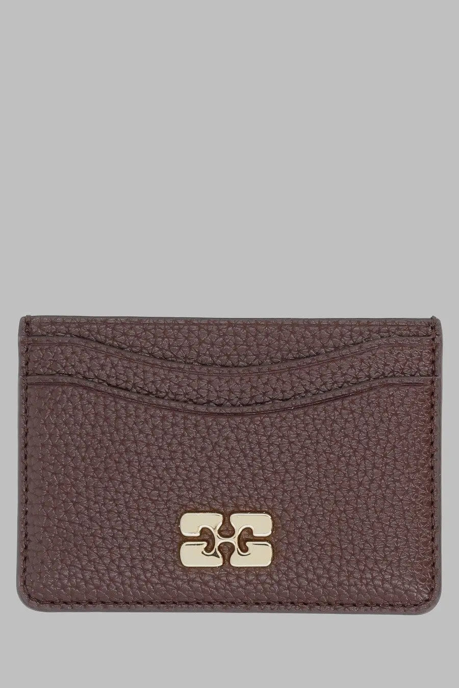 Brown textured leather card holder with gold-tone metallic logo clasp from ganni women’s portacarte bou brown