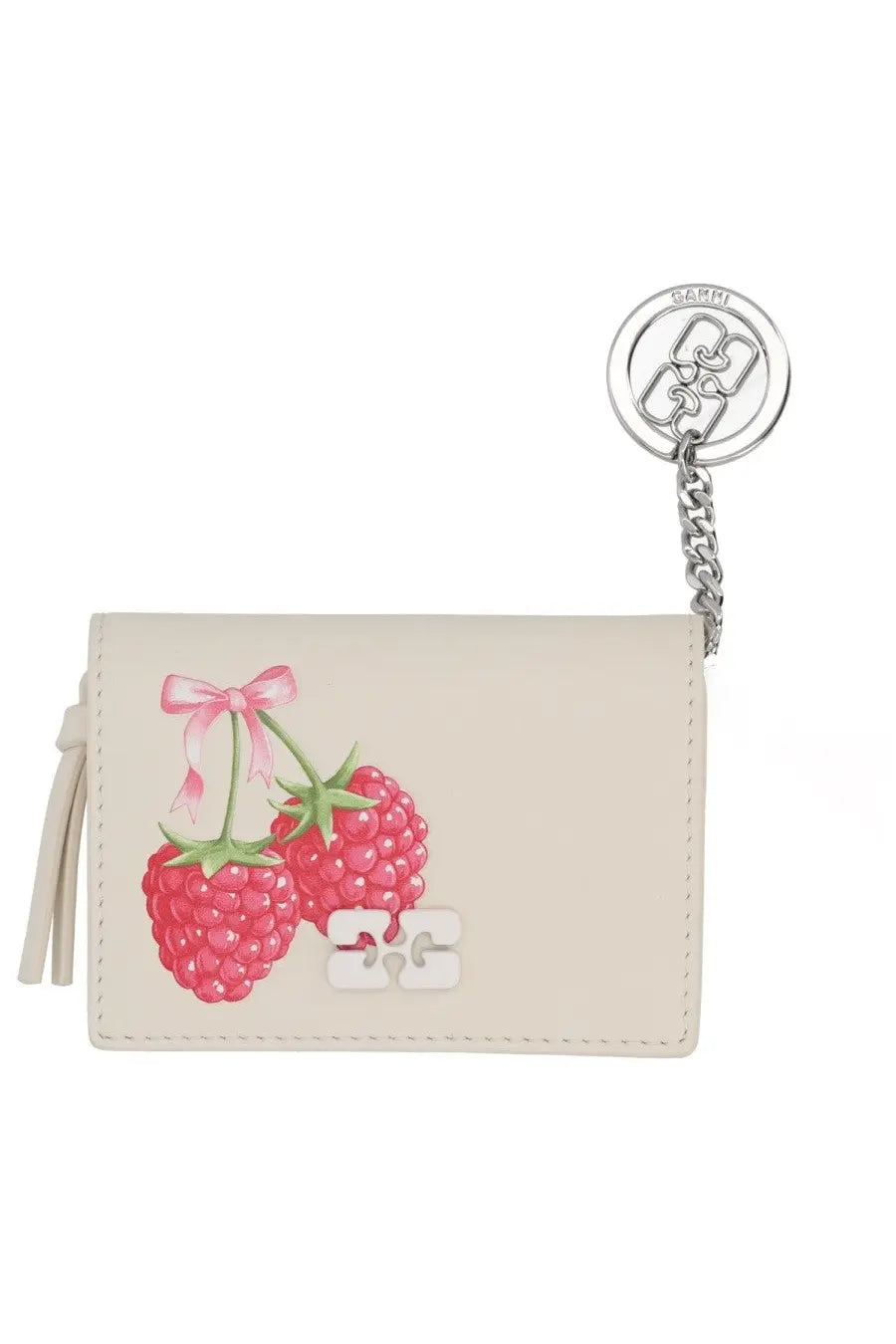 Cream-colored leather wallet with hand-painted raspberry design pink ribbon and silver keychain by Ganni