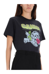 Black cotton ganni women’s puppy shirt featuring a playful cartoon dog with green bow and pink heart in lime-green lettering