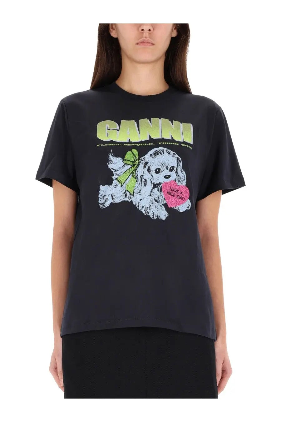 Black ganni women’s puppy t-shirt featuring a playful cartoon dog with green bow and pink heart graphic
