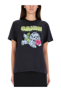 Black ganni women’s puppy t-shirt featuring a playful cartoon dog with green bow and pink heart graphic