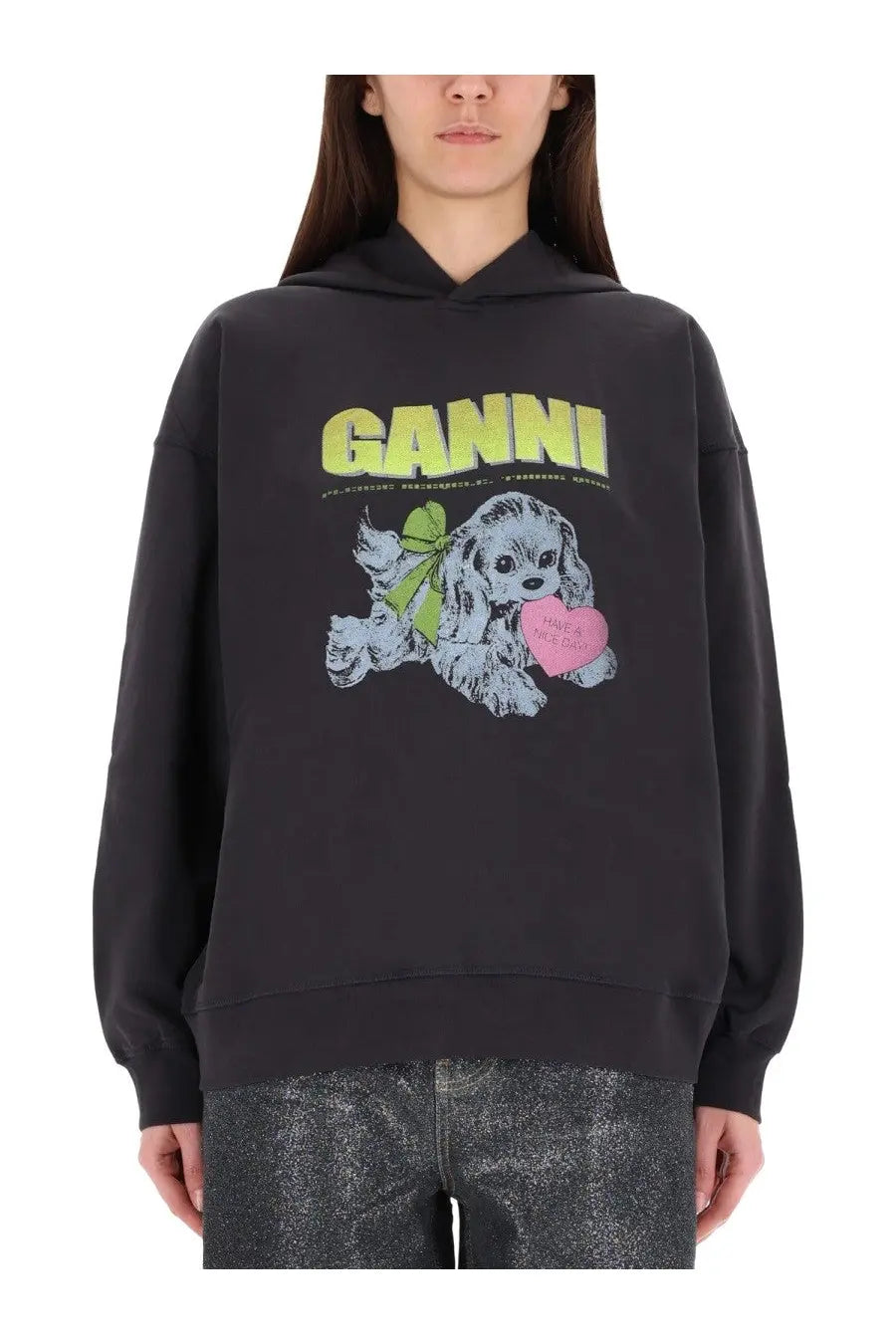 Black ganni hoodie with vibrant neon green logo and cartoon dog graphic with pink heart for women