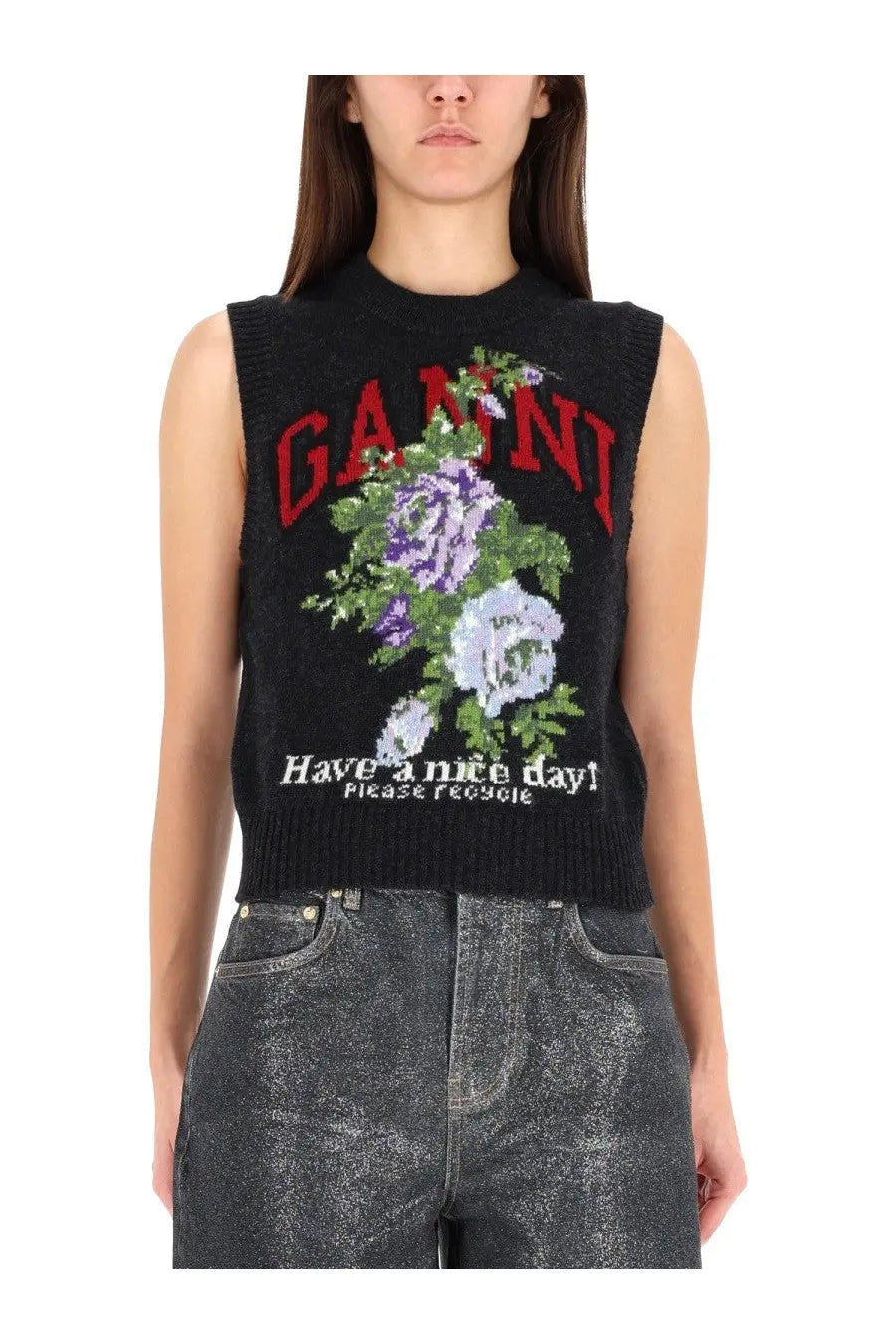 Ganni women’s rose vest grey sleeveless knit top in black with red embroidery and purple white floral design
