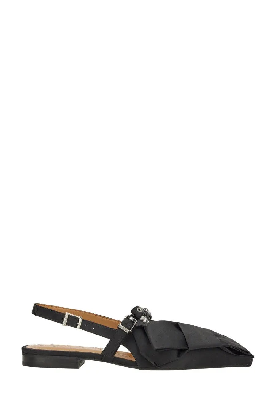 Ganni women’s black satin slingback flat sandal with large bow and silver-toned buckle details