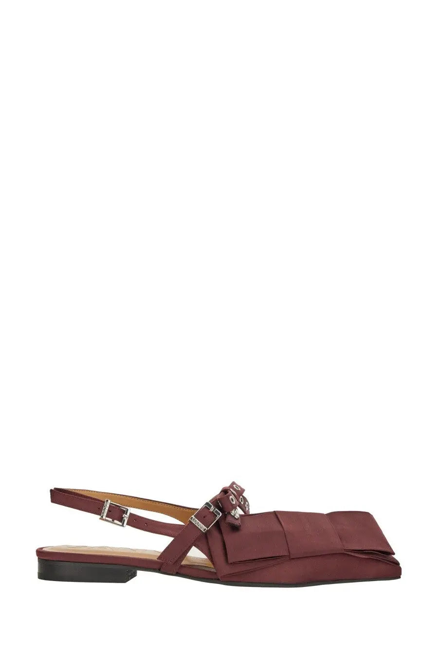Ganni women’s satin ballerina red flat sandal in burgundy with decorative bow and silver-toned buckle accents