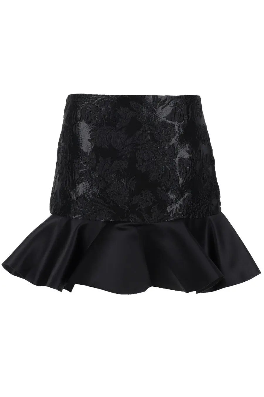 Ganni women’s black satin miniskirt with floral pattern and satin ruffle hem perfect for stylish occasions