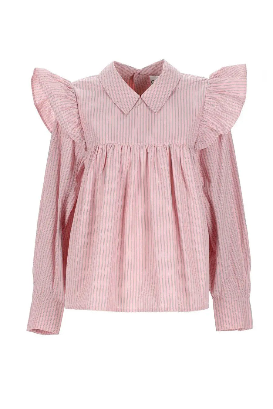 Ganni women’s long-sleeved shirt in soft pink and white stripes with ruffled shoulder details