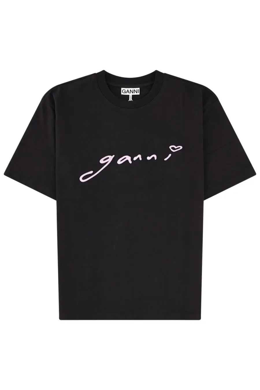 Black ganni women’s t-shirt with white cursive ganni logo and heart accent in comfortable cotton blend