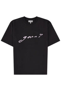 Black ganni women’s t-shirt with white cursive ganni logo and heart accent in comfortable cotton blend