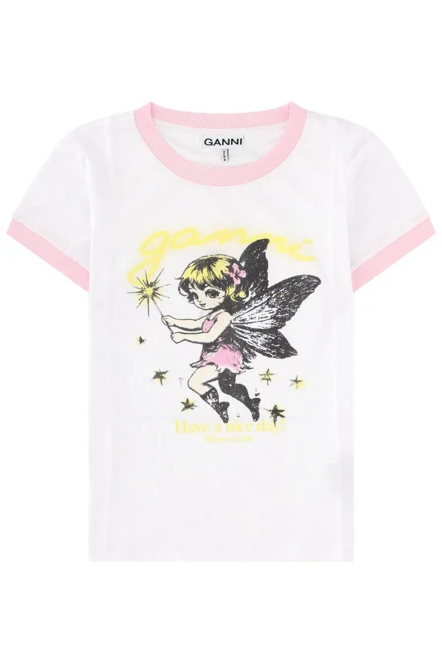 Ganni women’s white ringer tee with pink trim featuring a black and pink fairy graphic on the front