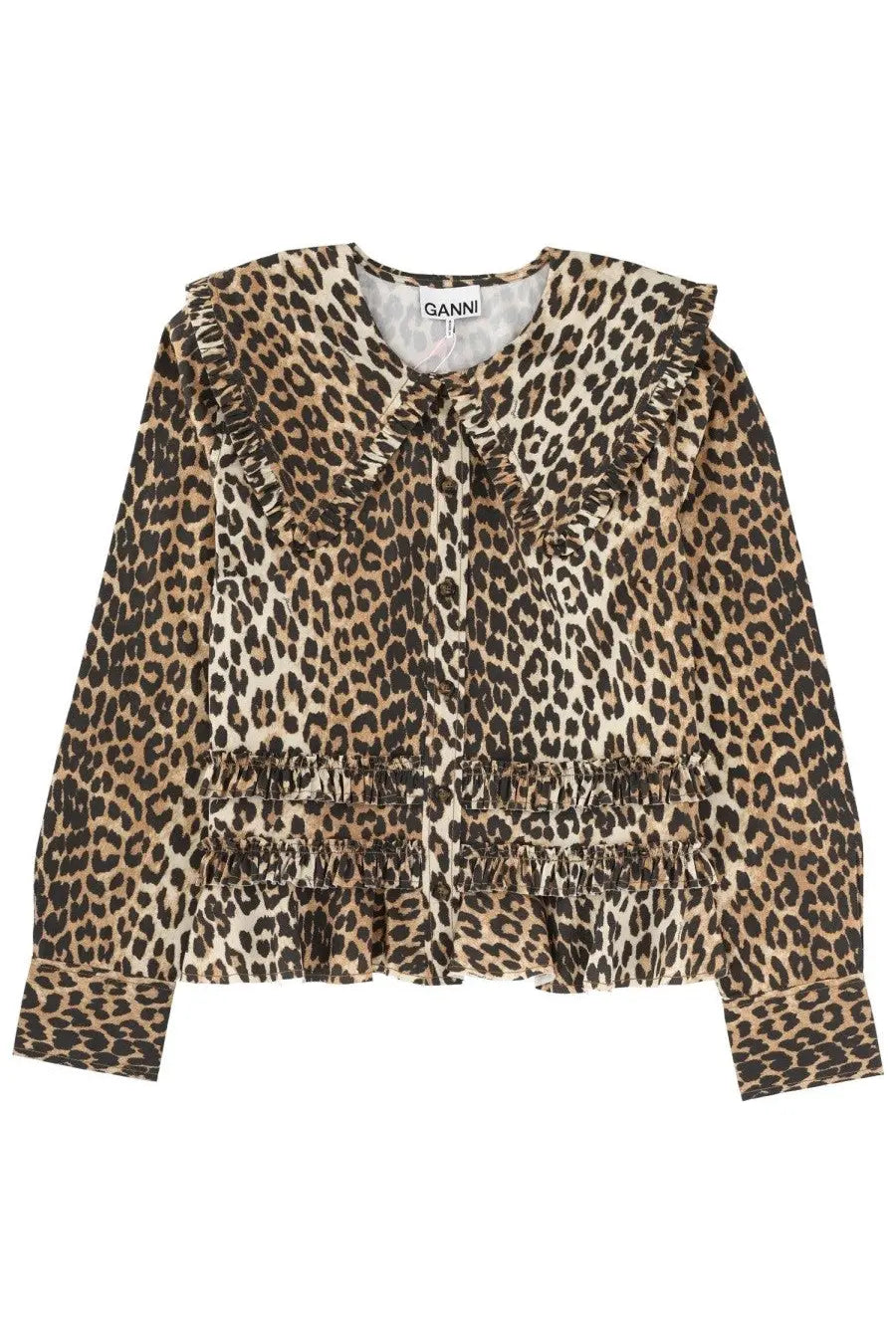 Ganni womens leopard print blouse with ruffled collar and cuffs made from soft fabric material