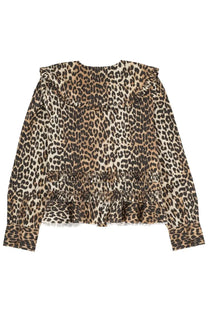 Ganni women’s leopard-print blouse with ruffled collar and cuffs in soft beige with black spots for stylish wear