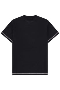 Ganni women’s raspberry black short-sleeved t-shirt with subtle white stitching on sleeve and bottom hems