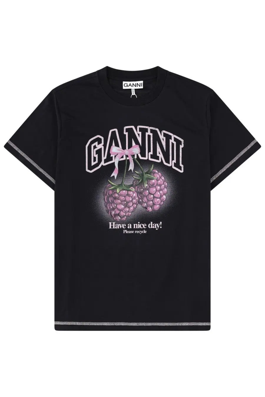 Black ganni women’s t-shirt with pink raspberry graphic bow and have a nice day please recycle text on front