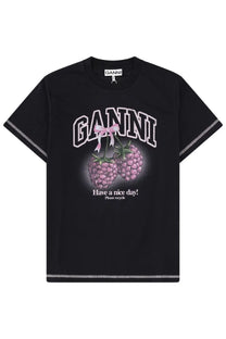 Black ganni women’s t-shirt with pink raspberry graphic bow and have a nice day please recycle text on front
