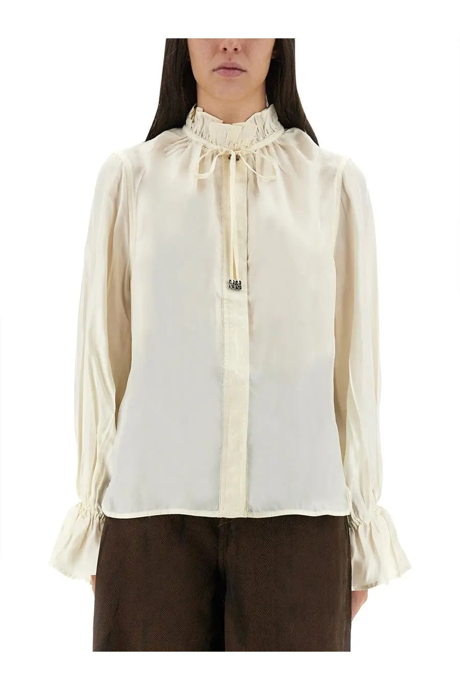 Cream-colored satin blouse with ruffled high neck and gathered long sleeves from Ganni women’s shirt white collection