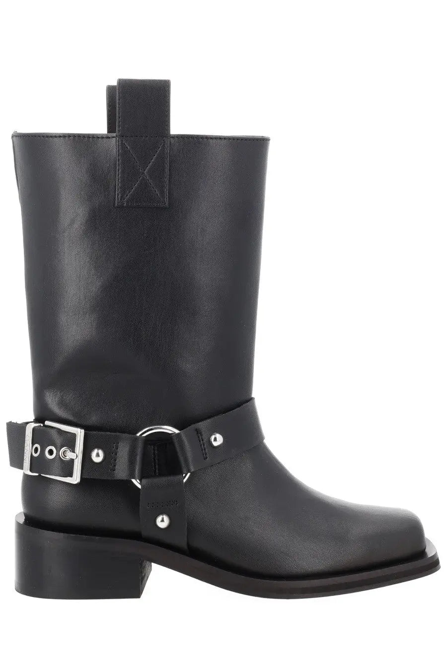 Ganni women’s stivale biker black leather boot with silver buckle and studded accents