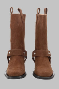 Brown suede ankle boots with black rubber sole and silver skull buckle straps from ganni women’s stivaletto biker beige