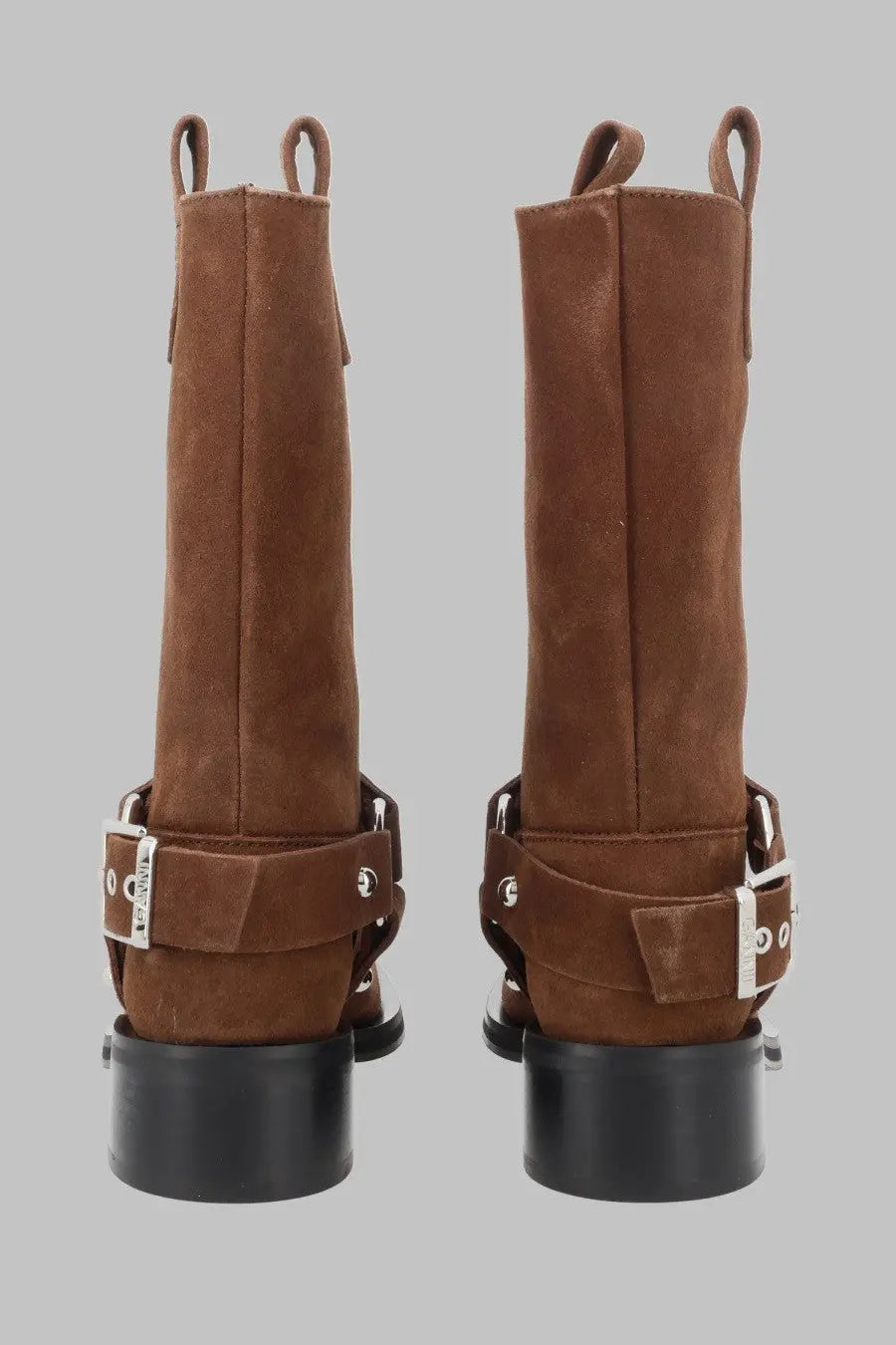 Ganni women’s stivaletto biker ankle boots in beige suede with silver buckle straps and black chunky heels