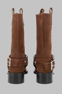 Ganni women’s stivaletto biker ankle boots in beige suede with silver buckle straps and black chunky heels