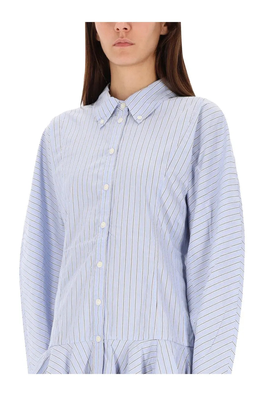 Ganni women’s striped chemisier dress in light blue and white with vertical stripes and a classic collar button down shirt style