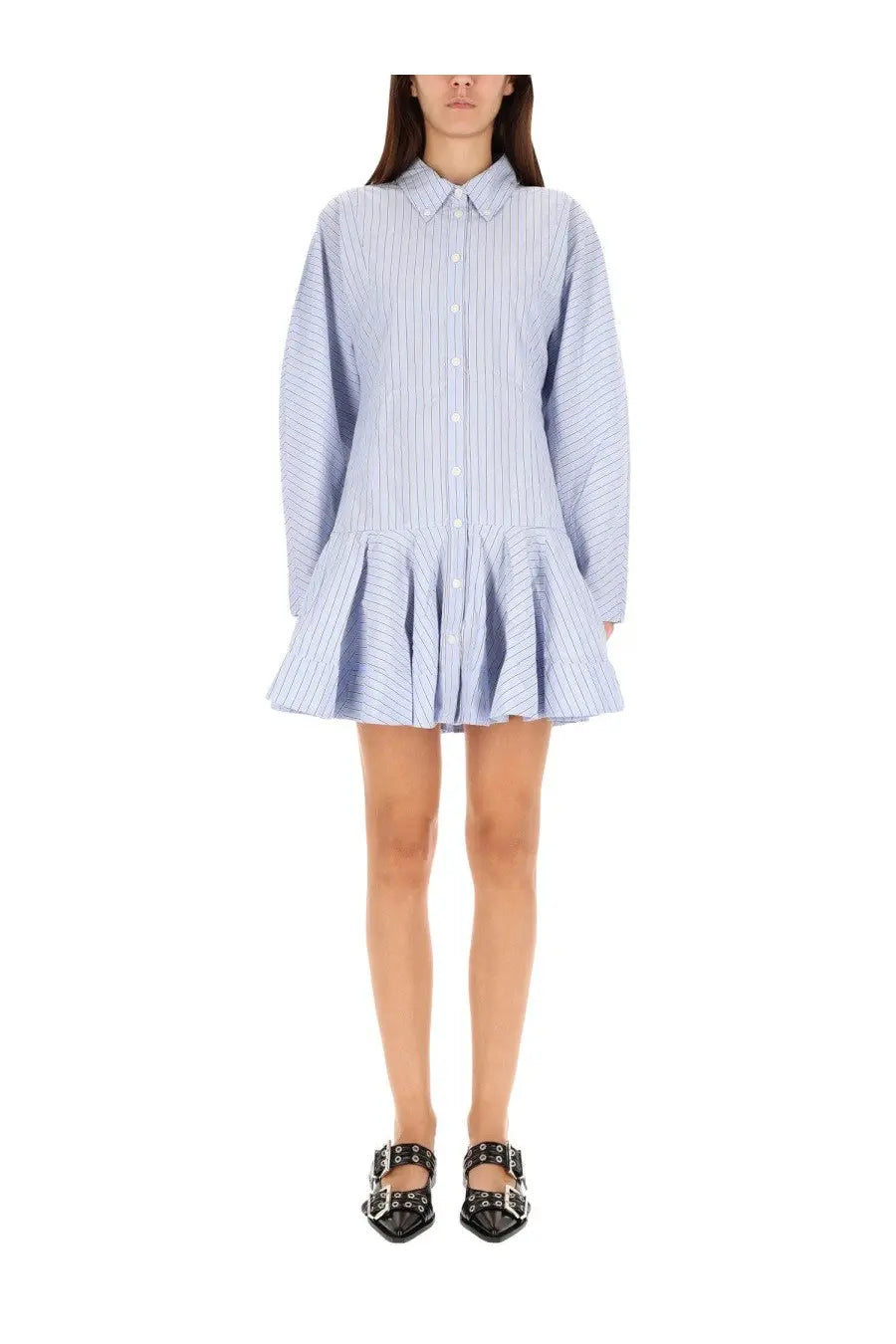 Ganni women’s striped chemisier dress blue with light blue and white vertical stripes and a flared skirt