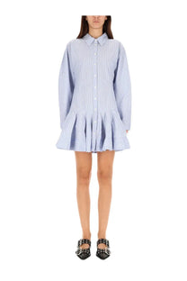 Ganni women’s striped chemisier dress blue with light blue and white vertical stripes and a flared skirt