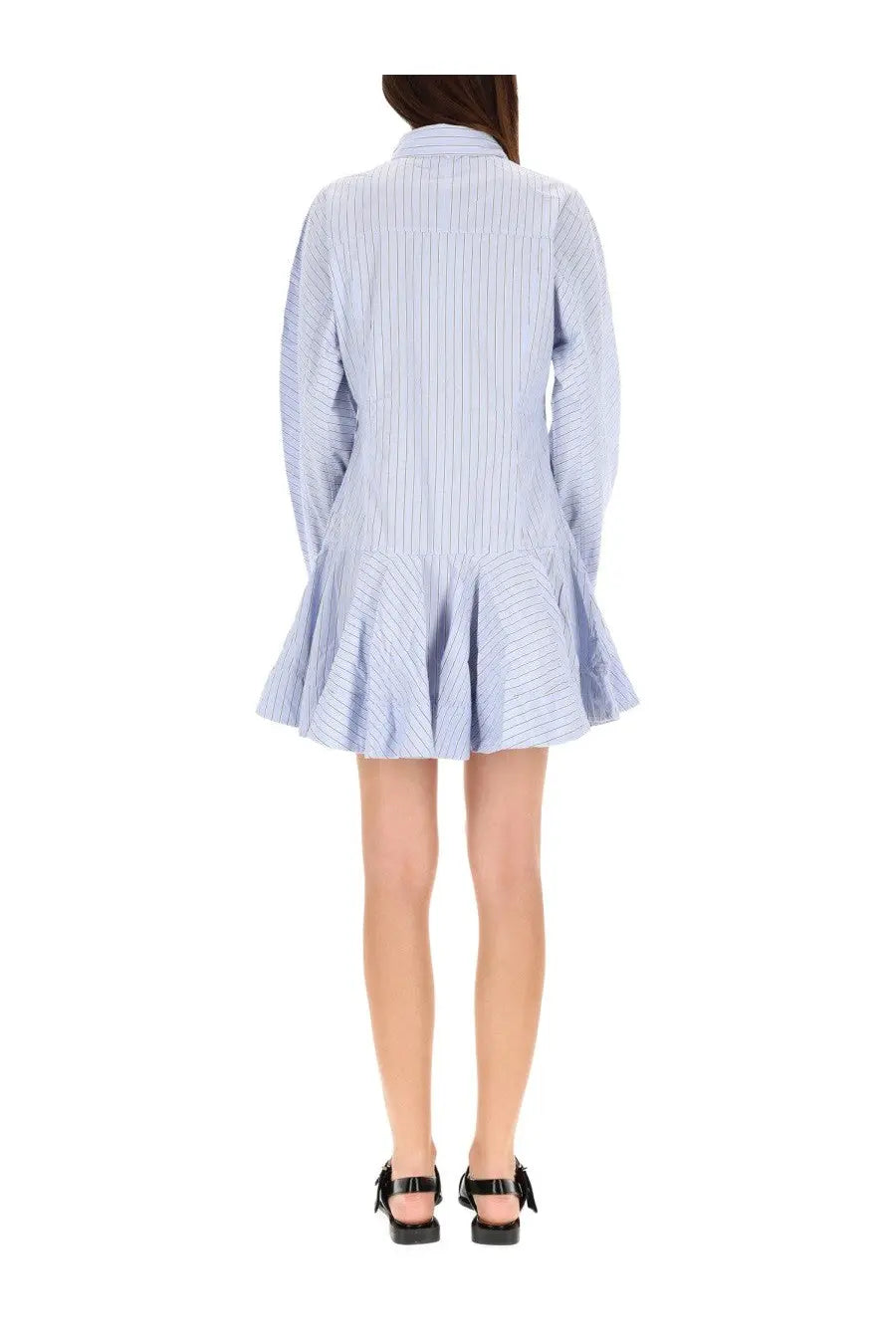 Ganni women’s striped chemisier dress in light blue and white cotton with a flared skirt for casual wear