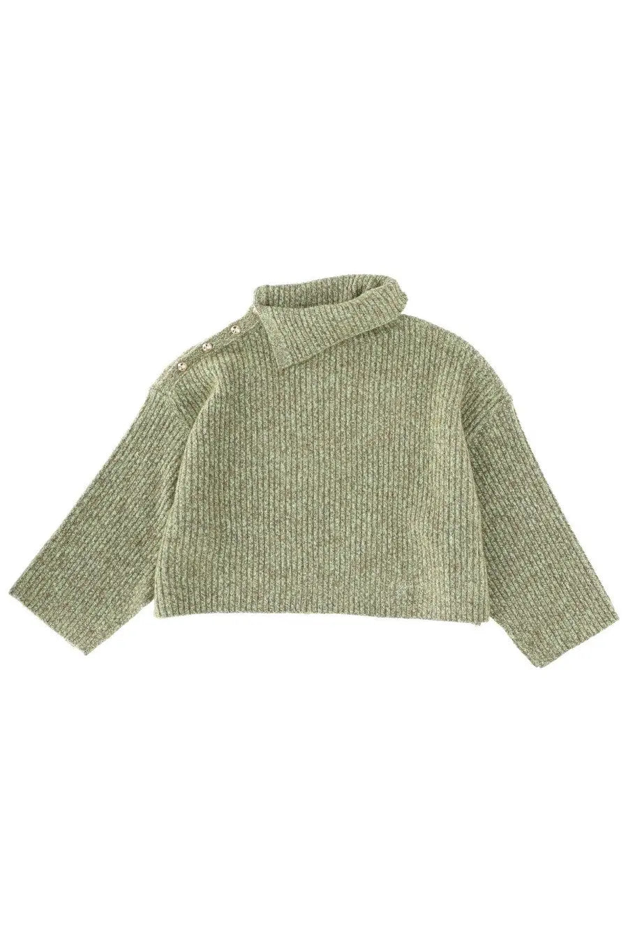 Ganni women’s soft olive green ribbed knit cropped sweater with high collar and shoulder button details