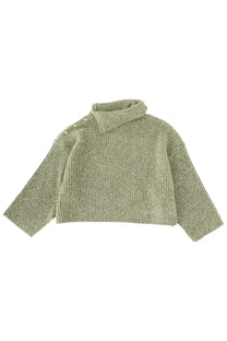 Ganni women’s soft olive green ribbed knit cropped sweater with high collar and shoulder button details
