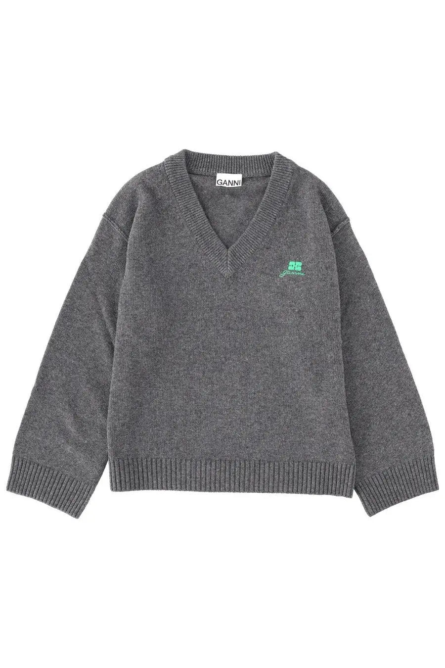 Gray ganni women’s v-neck sweater with a small green embroidered logo on the left chest in soft knit fabric