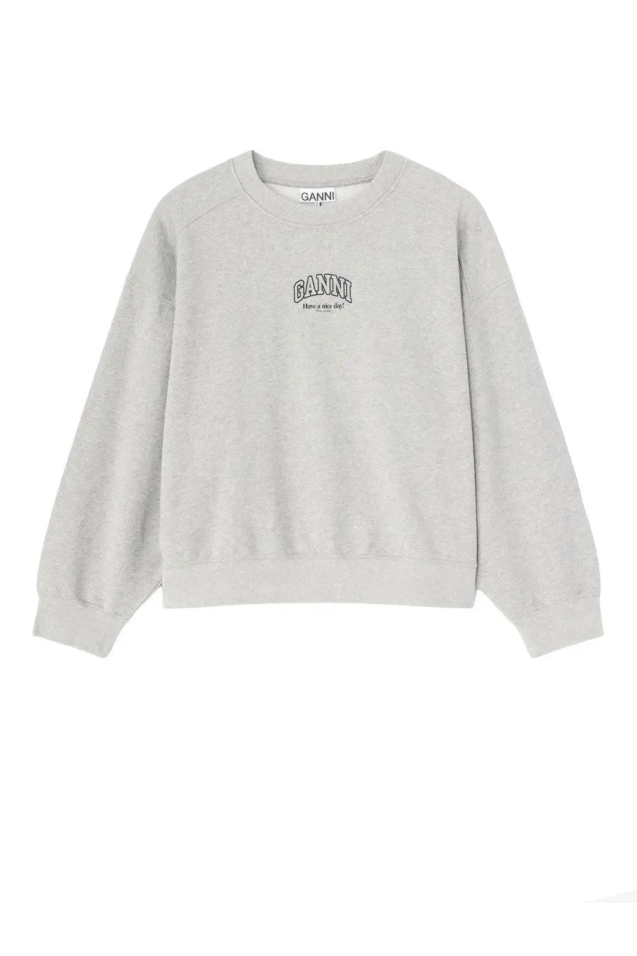 A soft heather gray ganni women’s sweatshirt with a classic crew neck and long sleeves in cotton blend