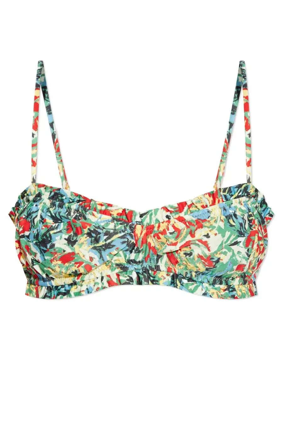 Ganni women’s ruched bikini top with colorful abstract floral print in reds greens blues and cream tones