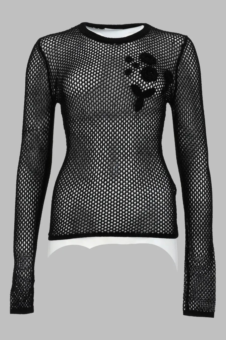 Ganni women’s black long-sleeved mesh top with floral appliqué made from cotone mercerizzato material