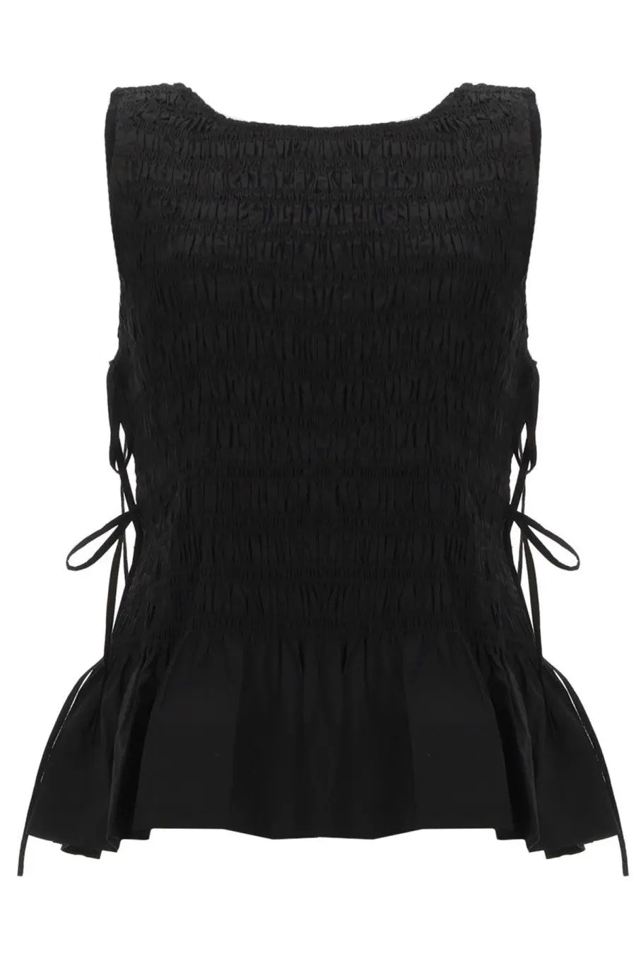 Ganni women’s black sleeveless top with smocked texture side ties and flared hem made from lightweight fabric