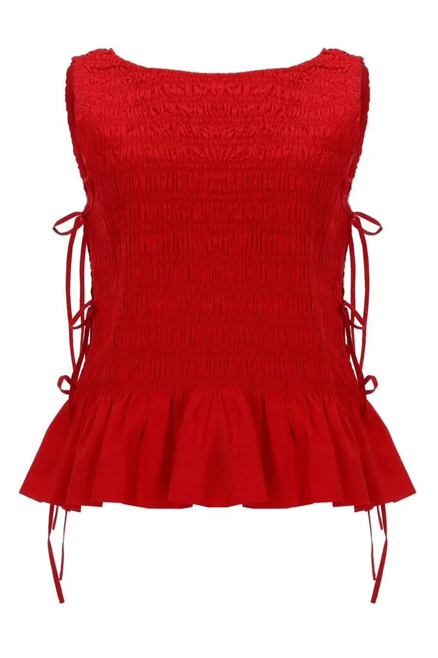 Vibrant red smocked sleeveless top by ganni with lace-up side ties and flared ruffle hem