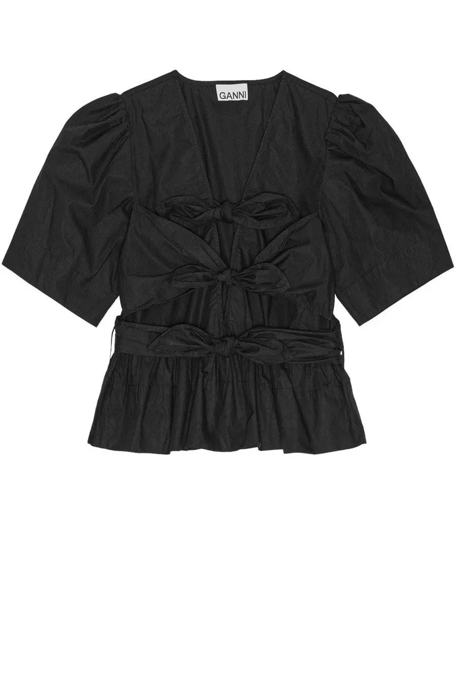 Black ganni women’s blouse with puffed sleeves and tied waist detail in a soft fabric for stylish wear