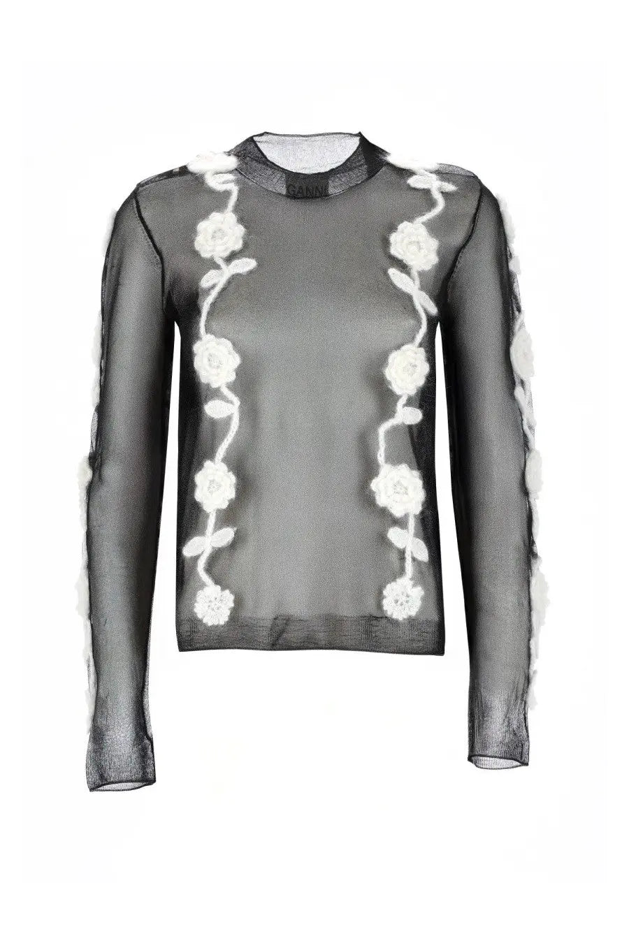 Ganni women’s black sheer mesh top with long sleeves and white embroidered floral vine details on front and sleeves