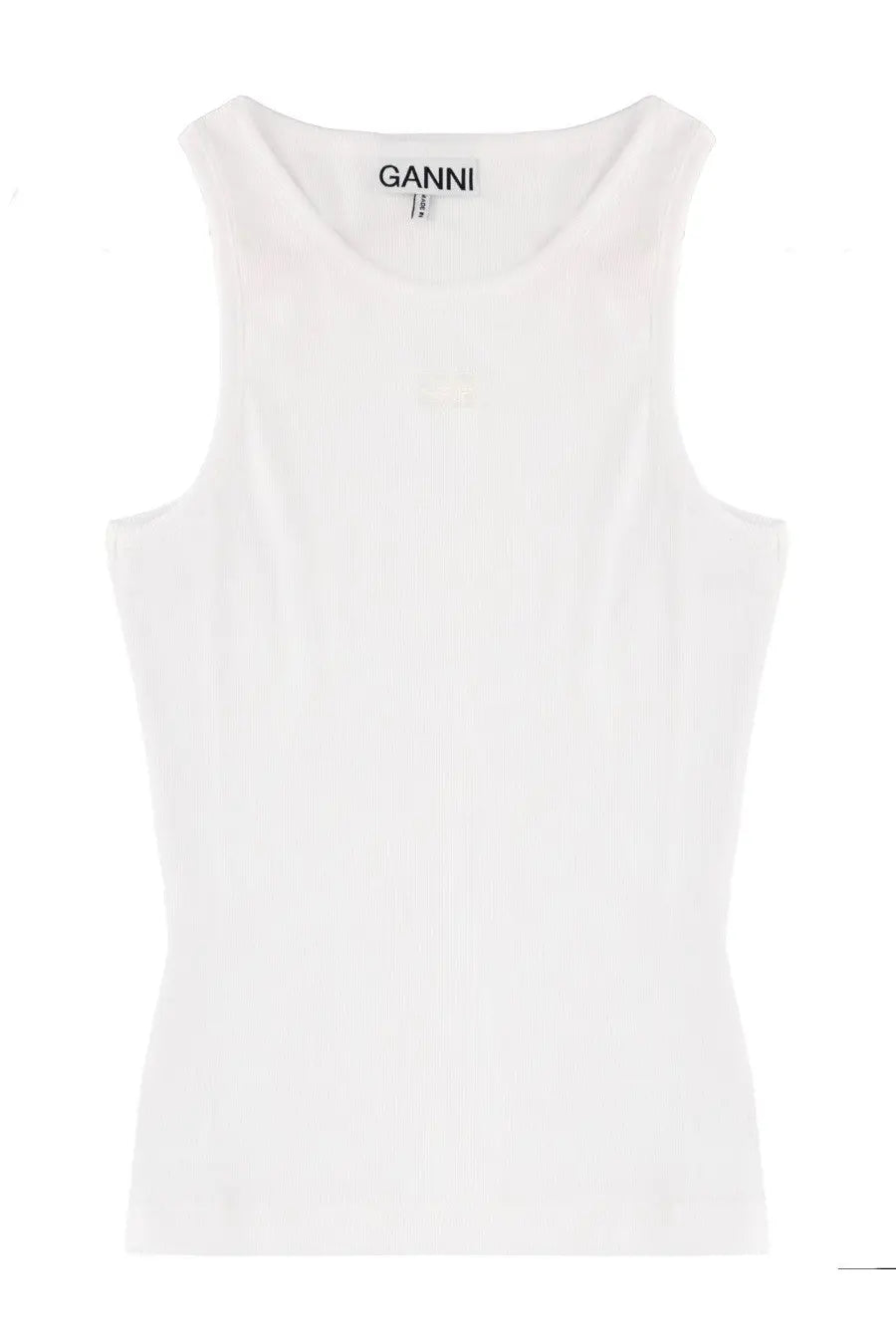 White Ganni sleeveless top with soft minimalist design ideal for casual and chic summer wear